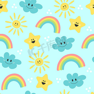 可爱的卡通太阳、彩虹、云彩和星星-无缝图案背景。