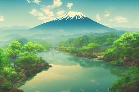 桃树摄影照片_日本动漫风景壁纸，背景为美丽的粉红色樱花树和富士山