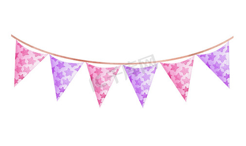 水彩粉色派对横幅，白色背景上有三角旗，用于生日装饰、贺卡、婴儿送礼会彩旗