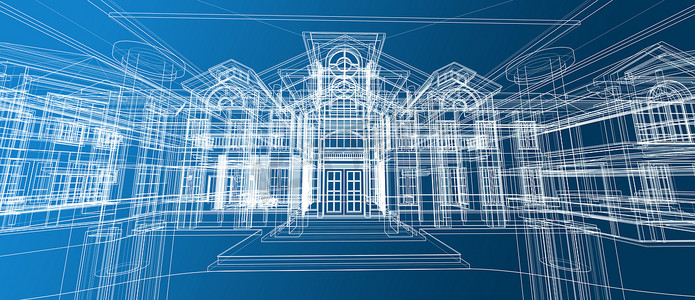 建筑房屋空间设计概念3D透视线框渲染计算机智能技术