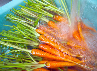 蔬菜清洗摄影照片_将胡萝卜放入碗中，用水泡软，然后用泼水清洗