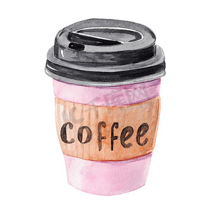 水彩手绘粉色咖啡杯，搭配白色背景上的黑色帽子