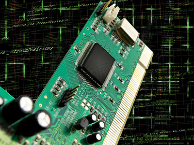 电路板和空白 CPU 芯片与编程代码背景
