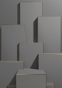 深石墨灰色、黑白 3D 渲染简单、最小、几何背景产品展示基座金色线条用于产品广告壁纸模板