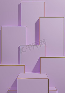 浅色、柔和、薰衣草紫色 3D 渲染简单、最小、几何背景产品展示底座金色线条用于奢侈品产品广告壁纸模板