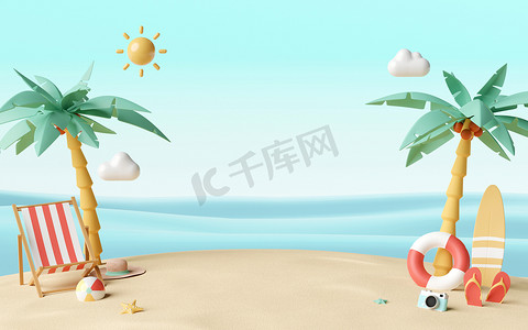 暑假概念、棕榈树下的沙滩椅和配件，带有产品广告复制空间、3D 插图