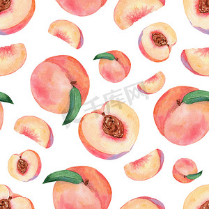 白色背景上的水彩桃子无缝图案，用于织物、纺织品、包装、品牌、剪贴簿