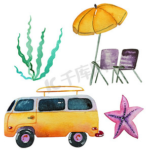 蓝色海滩小屋、海鸥和海洋设计元素的海洋套装，适合您的海报、横幅、白色背景上隔离的水彩收藏符号、夏季印刷品，适合徽章爱好、假日或休闲。