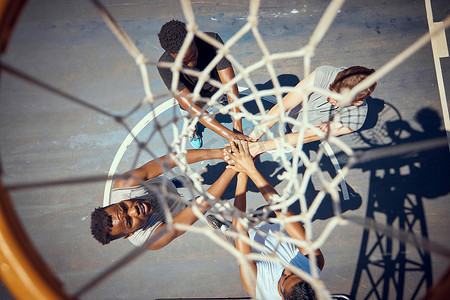 篮球、团队合作和运动，一群篮球运动员双手挤在外面的球场上。