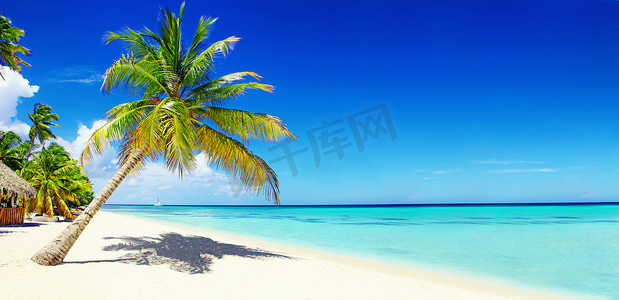 阳光沙滩摄影照片_海滩有白色的沙滩、阳光和安静的海洋。