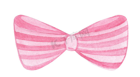 圣诞节粉色摄影照片_水彩手绘可爱的粉色领结，条纹隔离在白色