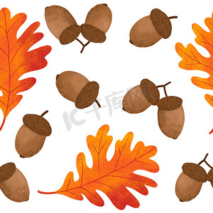 手绘树叶摄影照片_手绘无缝图案与秋季秋叶叶浆果、枫橡橡子。