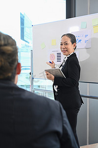 高级女性团队领导解释业务计划，在挂图上向公司办公室的不同员工展示项目