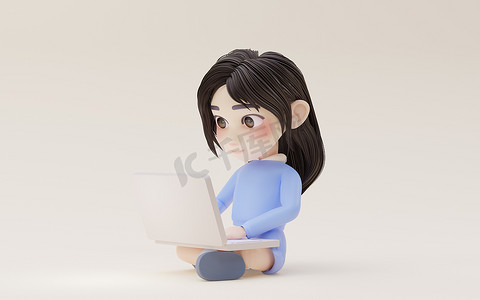 小女孩使用卡通风格的笔记本电脑，3D 渲染。