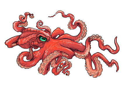 章鱼轮廓的草图，带有彩色阴影，用于背景纹身