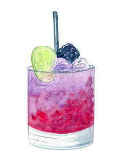 水彩手绘紫色新鲜水果鸡尾酒与石灰隔离在白色背景