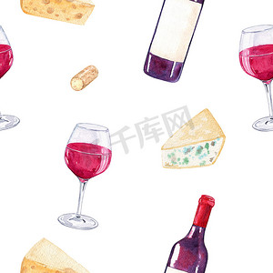 白色背景上的水彩红酒和奶酪图案，用于菜单设计、纺织品、餐巾、咖啡馆壁纸
