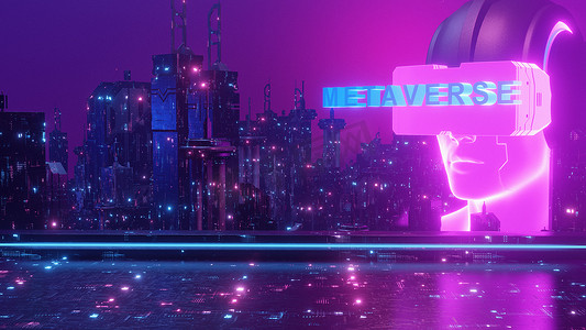 区块链蓝色摄影照片_Metaverse VR 虚拟现实人发光霓虹灯赛博朋克区块链城市景观壁纸背景 3d 插图