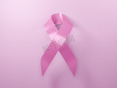 肿瘤预防摄影照片_现实的粉红丝带乳腺癌意识符号 3D 渲染隔离在粉红色背景。