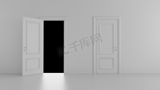 3d 渲染黑色背景明亮房间中的开门