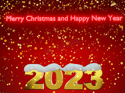 2023喜庆摄影照片_新年快乐 2023。红色背景上的金色数字 2023 与雪.3D 渲染。