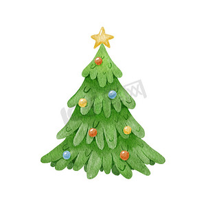 绿色手绘圣诞树摄影照片_水彩抽象可爱的杉树与球，冬季圣诞树手绘插图隔离在白色背景