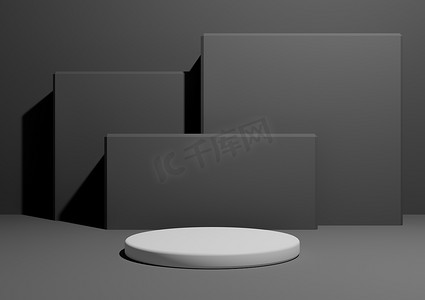 深石墨灰色、黑白、3D 渲染一个简单、最小的产品展示组合背景，背景中有一个讲台或看台和几何方形形状。