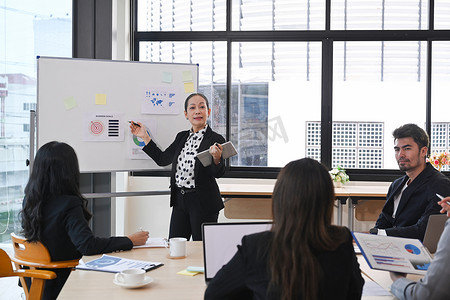 经验丰富的成熟女商人在董事会会议室的挂图上展示商业计划、战略或新项目结果
