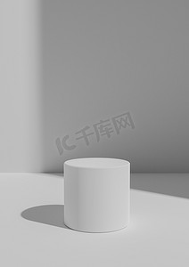 简单、最小的 3D 渲染白色、浅灰色背景，用于使用一个支架或圆柱讲台展示产品。