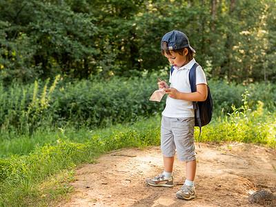 孩子散步摄影照片_细心的男孩在森林里散步时在笔记本上写了一些东西。