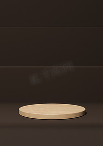 深棕色 3D 渲染简单的产品展示，最小背景与讲台木缸站在自然产品的台阶上