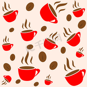 咖啡矢量摄影照片_咖啡时间，红杯和豆无缝矢量壁纸，背景
