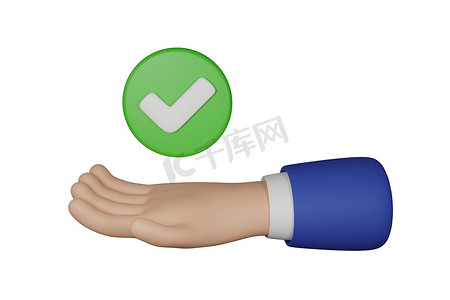 人物批准摄影照片_3D 卡通商人人物手握着一个在白色背景上隔离的完成标志。