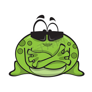 绿色可爱卡通矢量摄影照片_卡通青蛙人物戴着太阳镜，双臂交叉