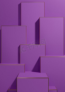亮紫色、紫色 3D 渲染简单、最小、几何背景产品展示底座金色线条，用于奢侈品产品广告壁纸模板