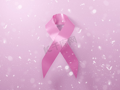 肿瘤预防摄影照片_现实的粉红丝带乳腺癌意识符号 3D 渲染隔离在粉红色背景。