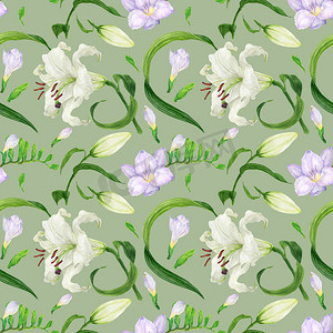 热带绿色无缝图案与百合和小苍兰花