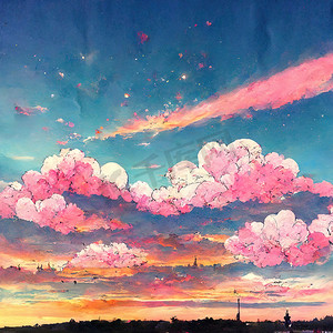 动漫风格日落天空，卡通夏日日出与粉红云彩