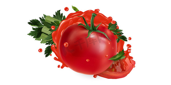 西红柿配芹菜，蔬菜汁飞溅。