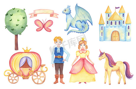 幻想童话剪贴画与人物公主、王子、龙、城堡。