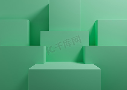明亮的绿松石绿色 3D 渲染简单、最小的背景用于产品展示台，代表演示几何背景模型模板壁纸用于美容化妆品