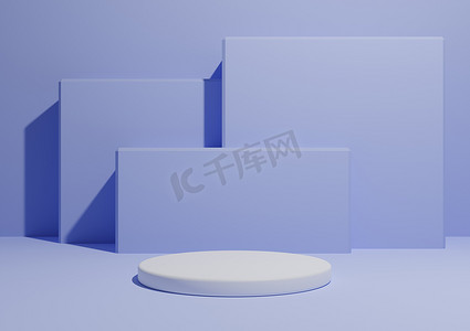 浅色、柔和的蓝色、3D 渲染一个简单、最小的产品展示构图背景，其中有一个讲台或看台，背景中有几何方形形状。