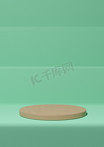 明亮的绿松石绿色 3D 渲染简单的产品展示，最小的背景与讲台木缸站在自然产品的台阶上