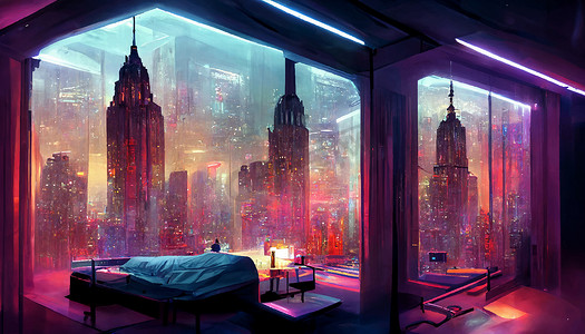 赛博朋克反乌托邦纽约插画中的未来房间