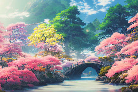日本动漫风景壁纸，背景为美丽的粉红色樱花树和富士山