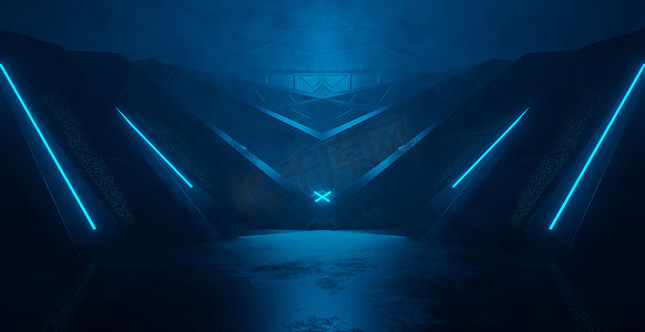 科幻外星人亮蓝色停车场地下汽车仓库车库工作室粗糙现代反光宇宙飞船隧道走廊展示插图横幅背景壁纸 3D 渲染