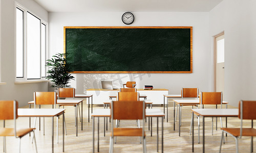 空荡荡的白色教室背景，配有绿色黑板桌和木地板上的座位。