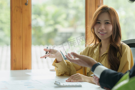 行政人员或会计师正在与合作伙伴讨论会议，审核财务规划销售，以实现明年设定的目标。