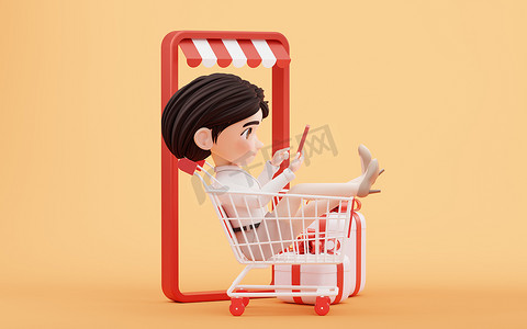 卡通女孩与购物车，3D 渲染。
