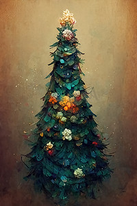绿色手绘圣诞树摄影照片_圣诞树，数字艺术手绘风格，插图